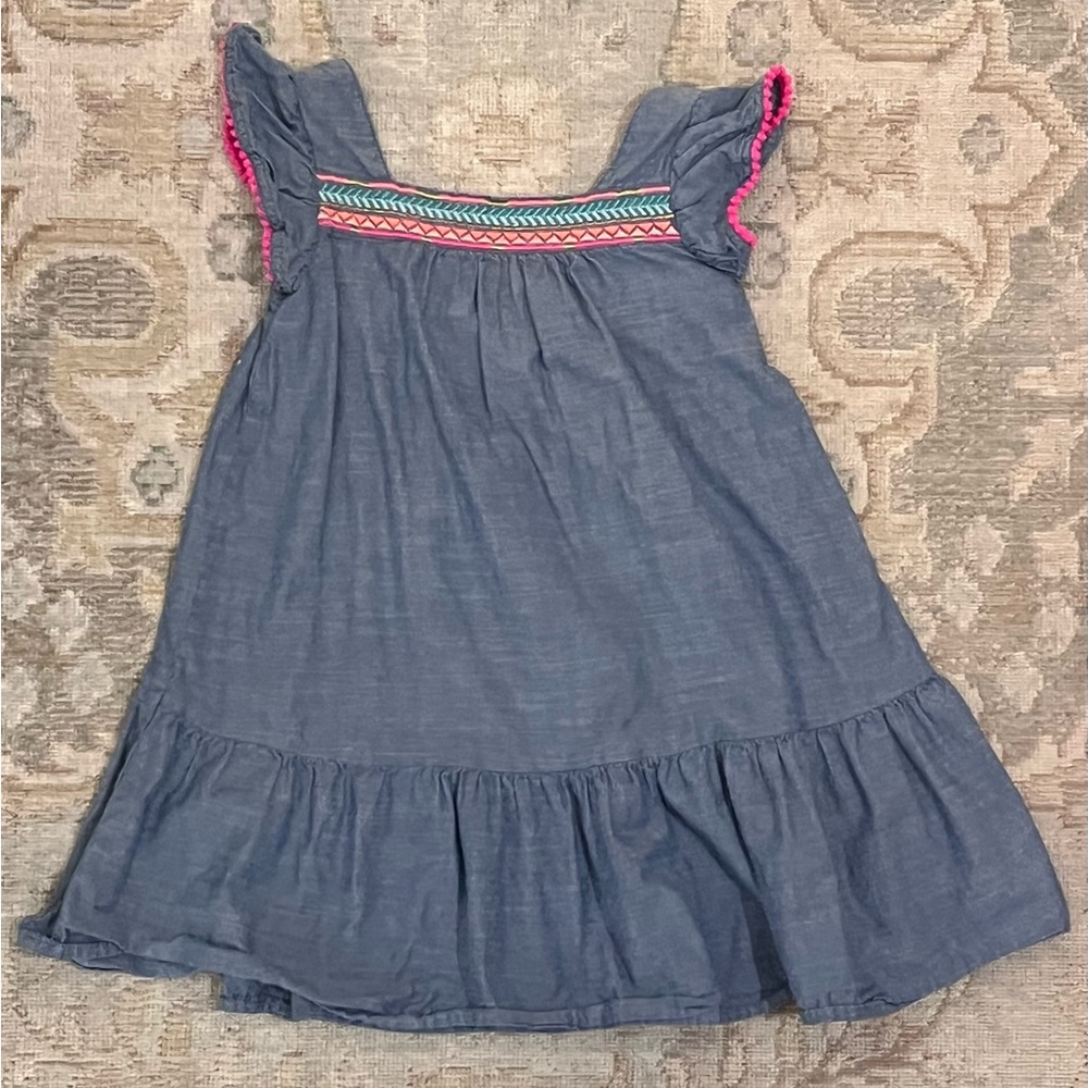 Denim Blue Girls’ Dress with Embroidered Accents and Ruffles, Kids 5T, GUC